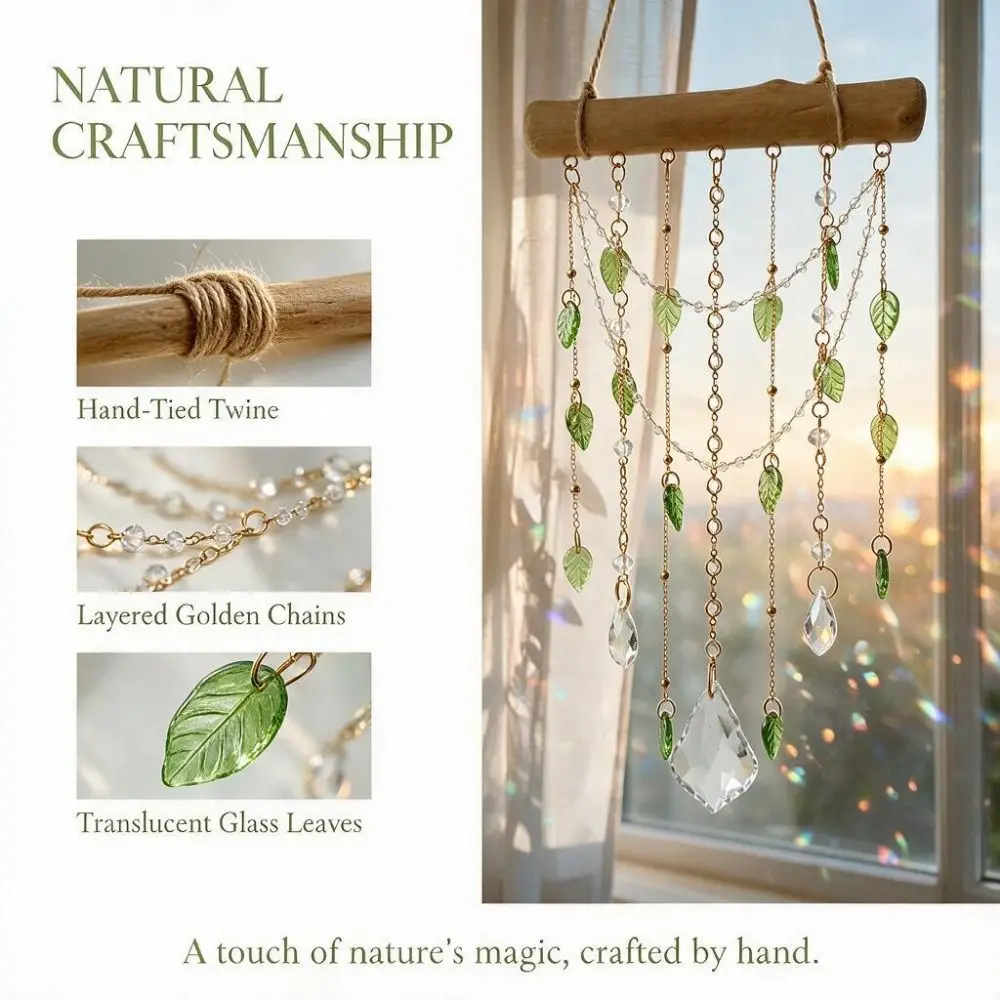 Wooden Stick Suncatcher Gorgeous Green Leaf Crystal Prism Ornament Bohemian Style Elegance Rainbow Catcher Patio Decor