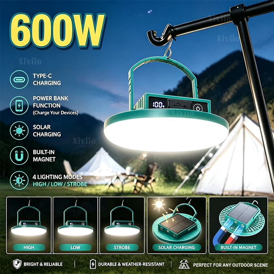 600W Solar Rechargeable LED Camping Lantern 4 Modes Strong Magnet Portable Tent Lights Working Repair Emergency Camping Lighting