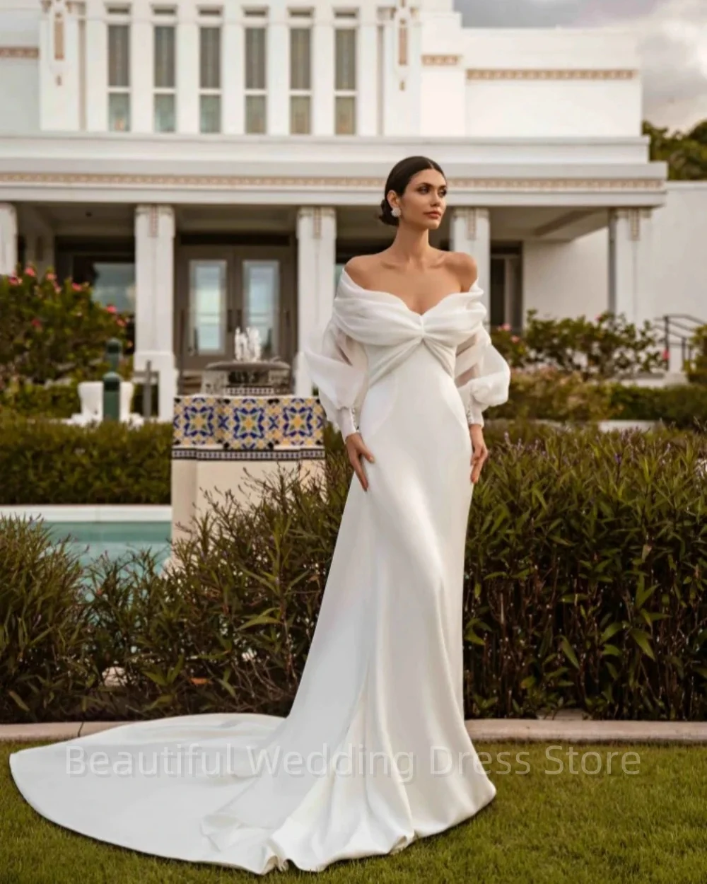 Vestido de casamento gracioso fora do ombro, Clássico cetim vestido de noiva, Simples branco reto vestido longo nupcial