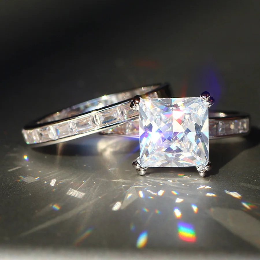 2PCS Set Exquisite Synthetic Zirconia Ring Wedding Engagement Commitment Ring Anniversary Ring Valentine's Day Gift Ladies Daily Decoration