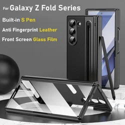 Leather S Pen Phone Case for Galaxy Z Fold6 Fold5 Hinge Protection & Built-in Screen Protector Phone Cover for Fold4 Fold7 Black