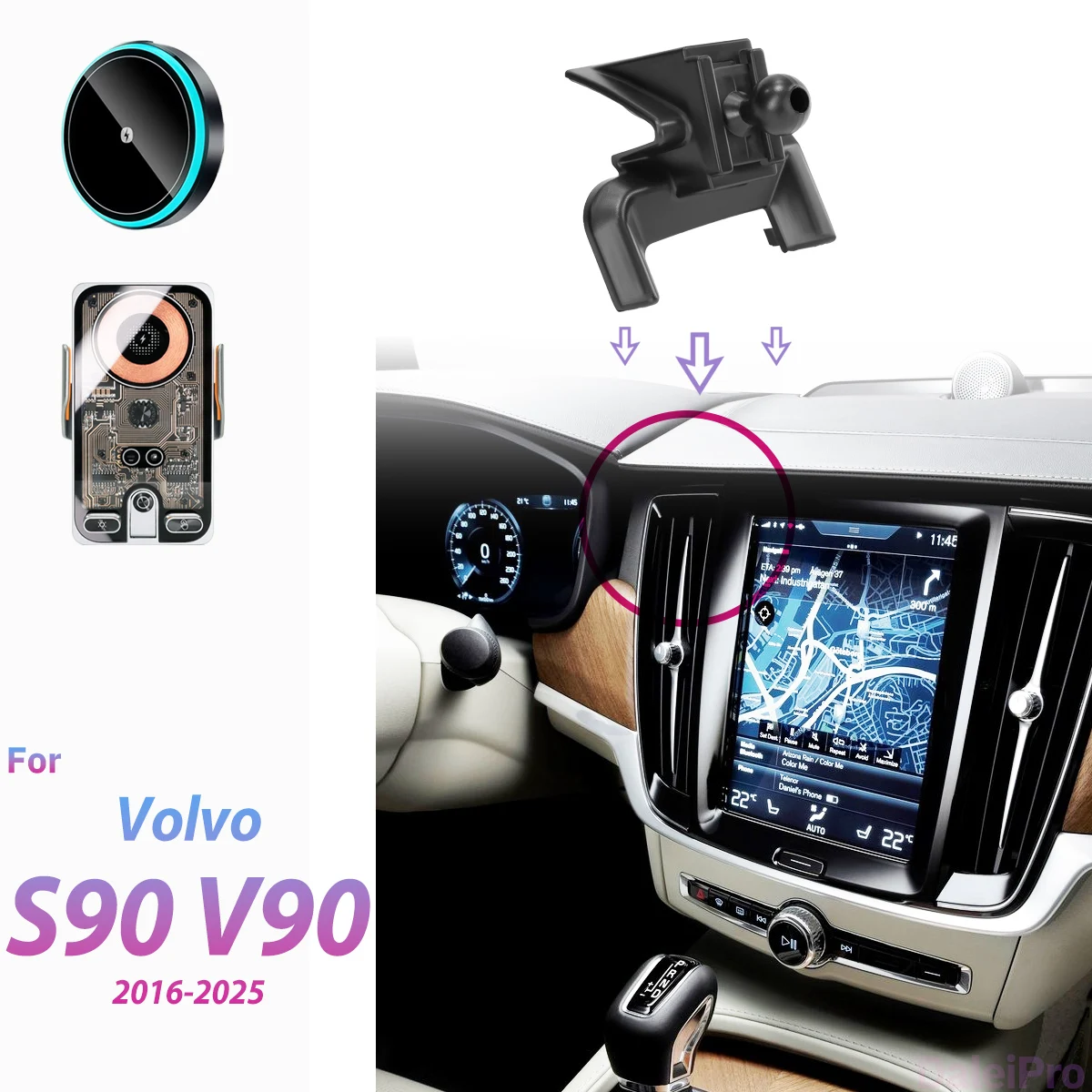 Für Volvo S90 V90 2016 2017 2018-2025 Auto-Handyhalterung Kabelloses Ladegerät Halterung mit Automatischer Klemmung Starker Magnetischer Halter