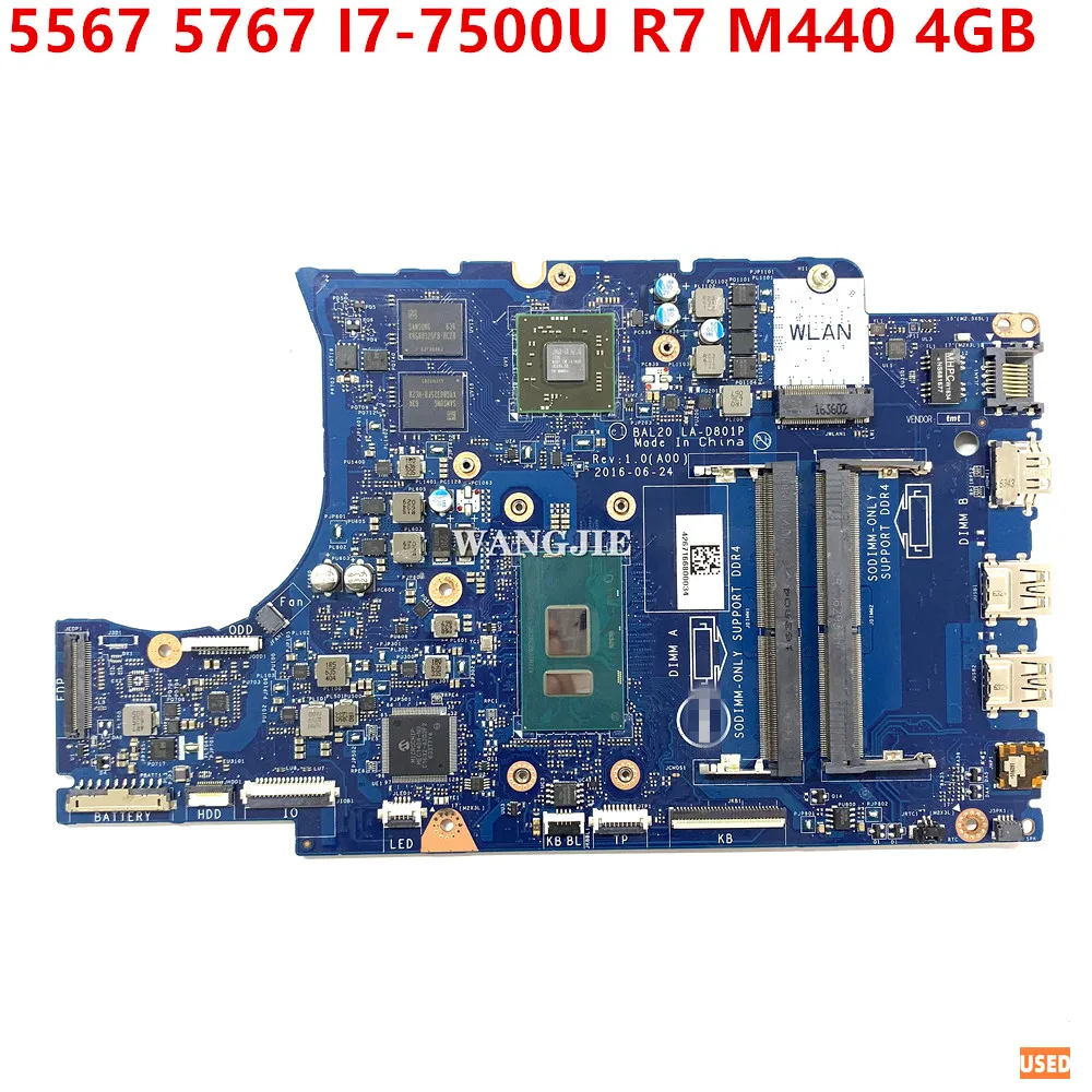 For DELL 5567 5767 Laptop Motherboard CN-0KFWK9 0KFWK9 KFWK9 I7-7500U CPU R7 M440 4GB BAL20 LA-D801P DDR4 100% Working