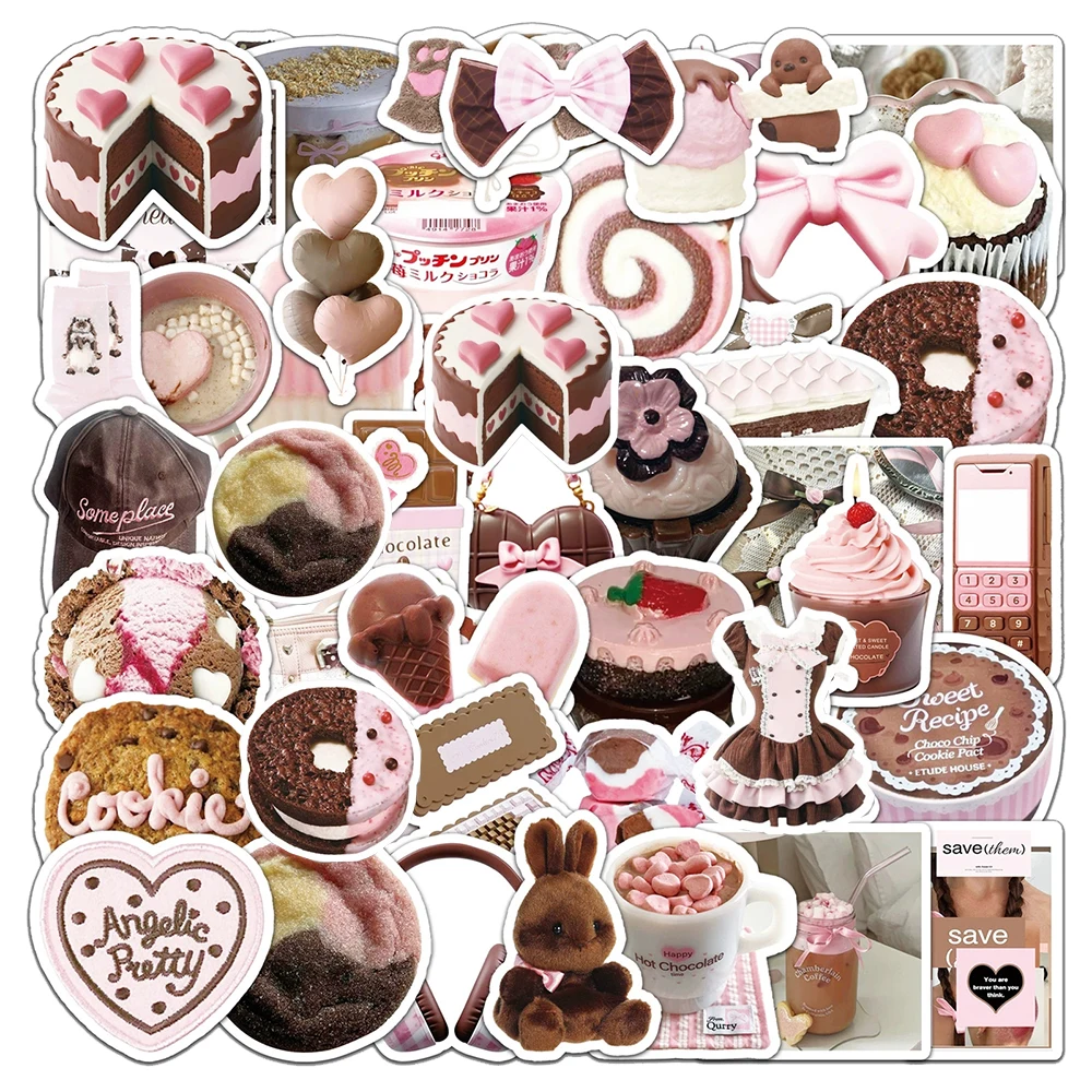10/30/50pcs Pink Brown Dessert Stickers INS Style Aesthetic Decal DIY Laptop Journal Guitar Waterproof Cute Cake Biscuit Sticker