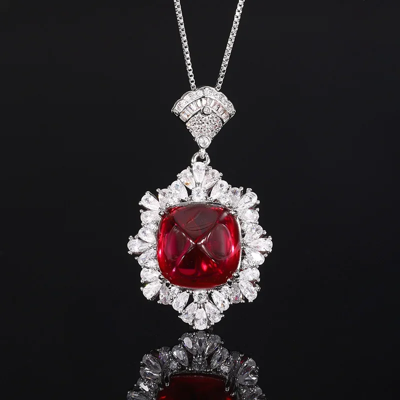 2024 New Simulated Red Corundum Fat Blue Sharp Crystal Sugar Tower Retro Pendant Necklace 14 * 14