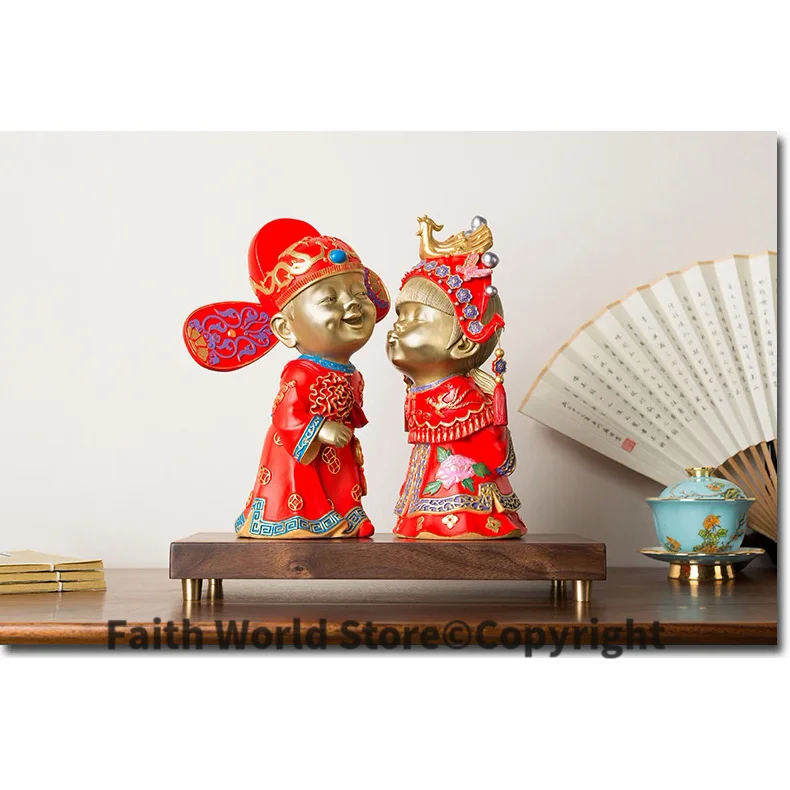 

Large -Unique -HOME Wedding High-grade gift Decor ART -Asian festive Bride Auspicious Mascot brass Hand engraving art sculpture