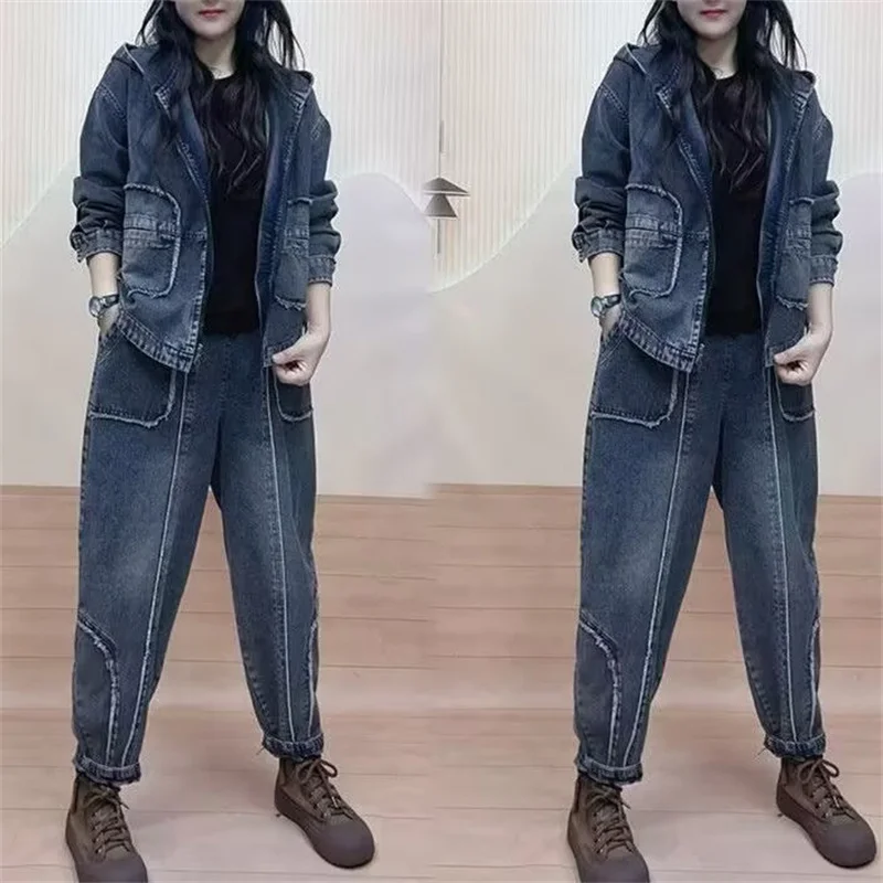 2024 Autumn Hooded qDenim jacket Suits Wear Hooded Denim Coat Fashion Set Women's Spring New Coat casual Jeans Two-Piece Sets
