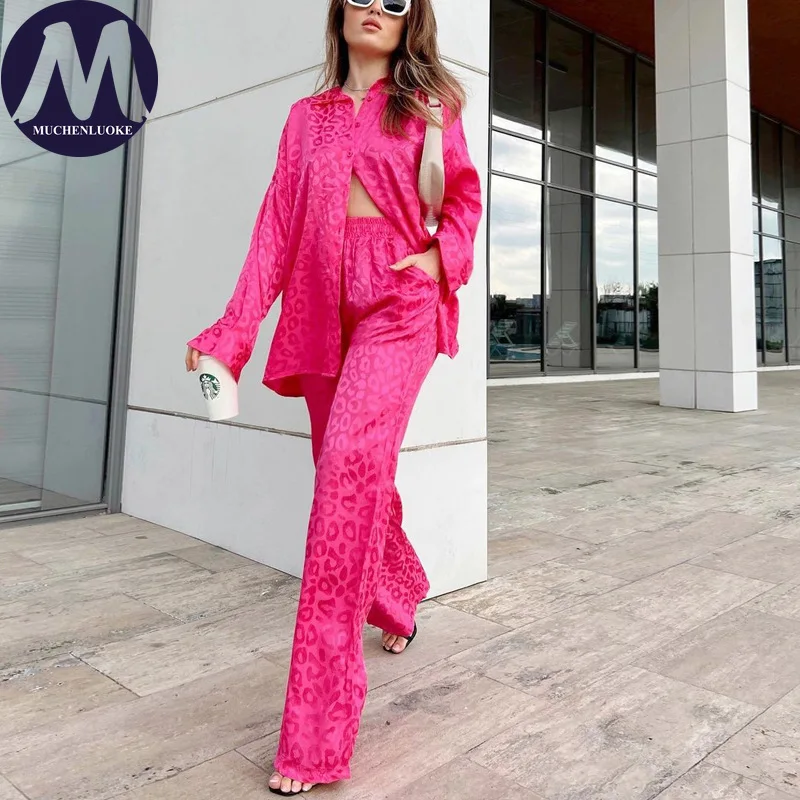

2 Piece Sets Woman Outfit Spring Autumn New Elegant Leopard Long Sleeves Tops Suits Fashionable Casual Loose Wide Leg Pants Sets
