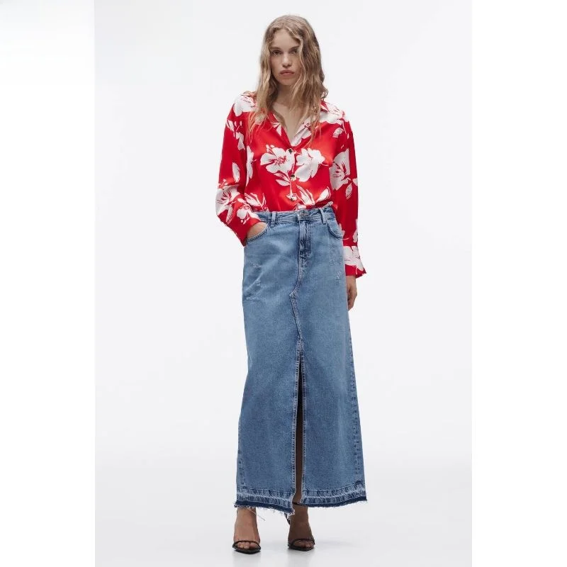 

Spring Autumn 2023 High Waist Straight Leg Denim Skirt Women's Faion Split Design Versatile Mid-Length A-Line Skirt