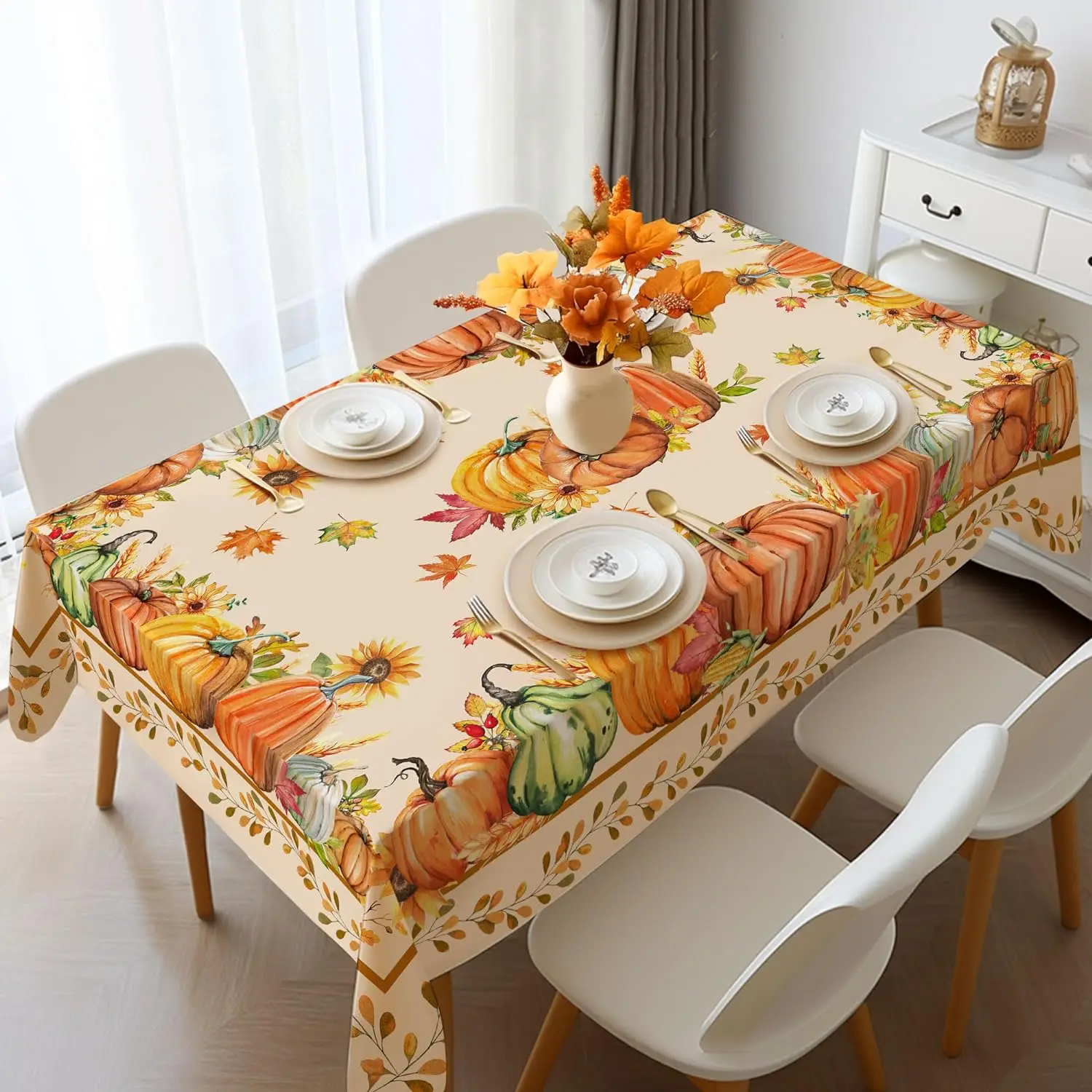 Fall Thanksgiving Rectangle Tablecloths Autumn Watercolour Pumpkin Maple Leaf Table Cover for Home Party Dining Room Table Decor