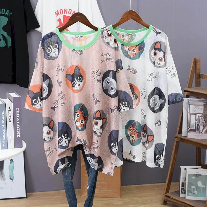 T-shirt da donna lavorata a maglia in seta di ghiaccio gotico o-collo protezione solare top oversize casual stile coreano grembiule mezza manica abiti estivi