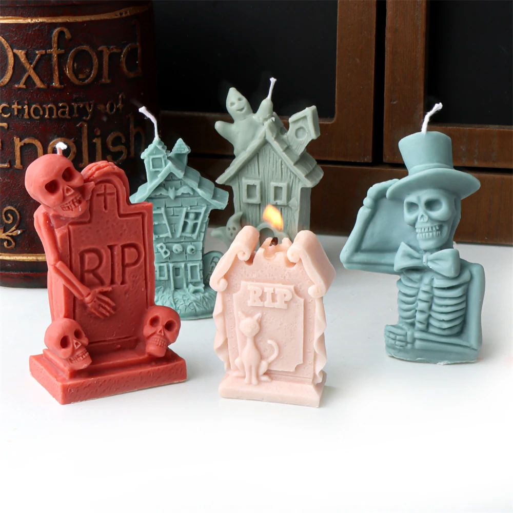 Halloween Schädel Kerze Form 3D Spukhaus Statuen Harz Gießen Handwerk Silikon Formen DIY Schädel Grabstein Halloween Dekor Form