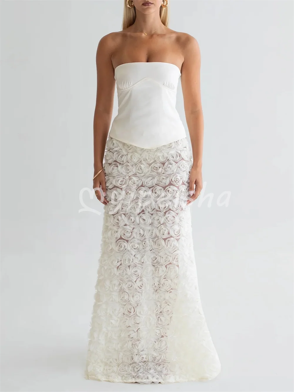 Beige Fashion Jersey Pleat Flower Mermaid Strapless Floor-Length Women's Party Gowns Evening Dresses Customized