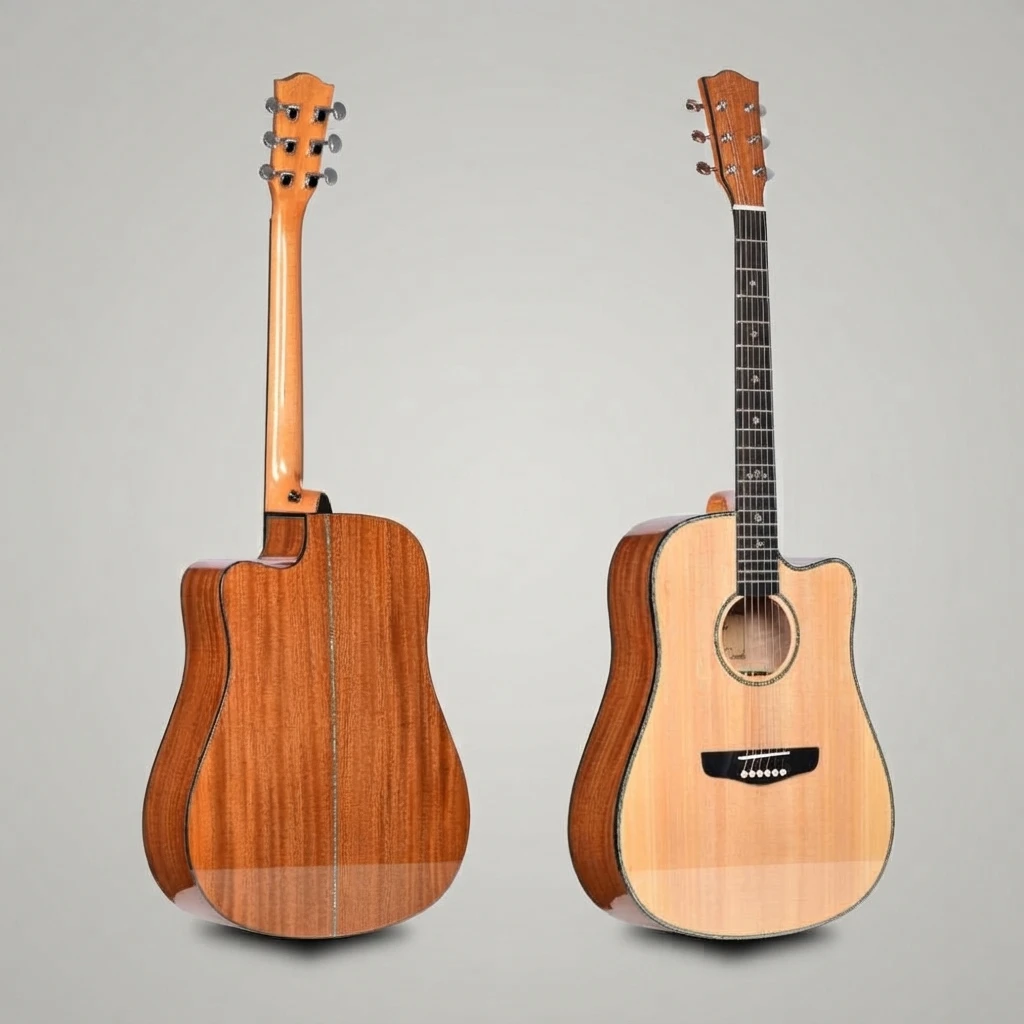 Glossy Cutaway Acoustic Guitar 6 String Light Top Brown Back Cross Inlay Chrome Tuners White Bridge Pins Thin Edge Lines