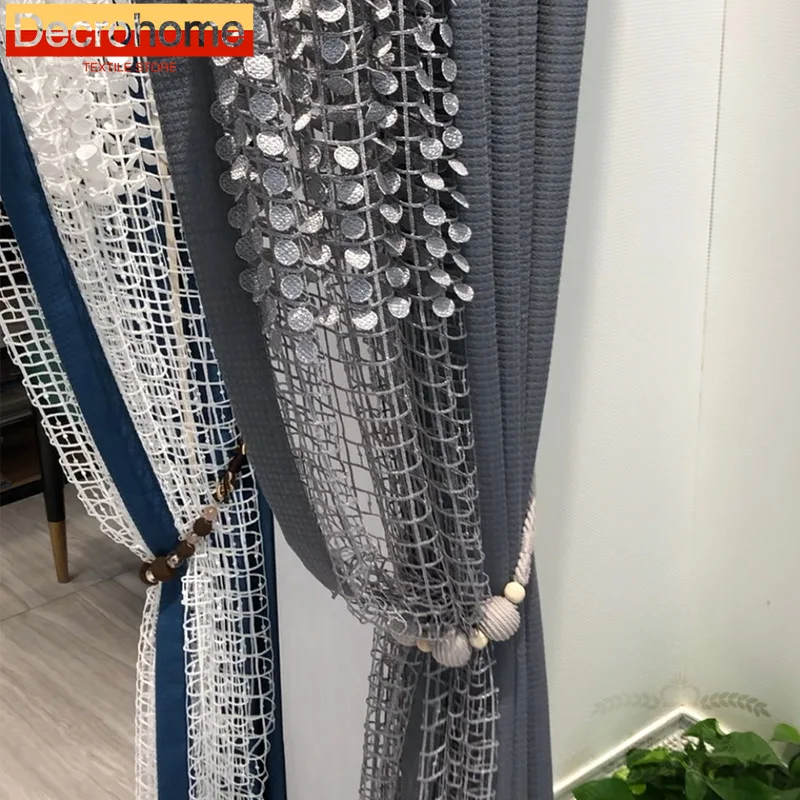 

Three-dimensional Hollow Relief Tassel Grey Splicing Window Screen Curtains for Living Room Bedroom French Window Balcony