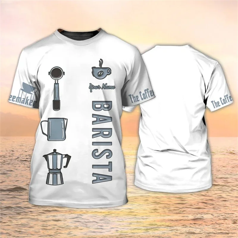 Fashion Coffee Tshirt Coffee Tools Set Printed Short Sleeves Barista Custom Tops Black White Loose Apron Tees Working Clothes