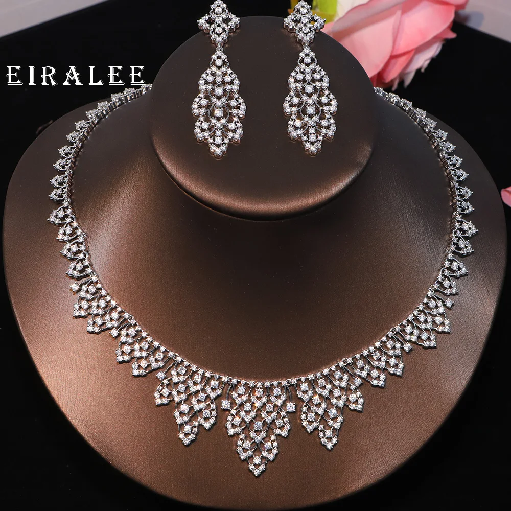

EIRALEE стильный комплект ожерелья и серег 40 см для женщин, 2 шт., ювелирные изделия для свадебной вечеринки, полный циркон, Дубай, свадебный подарочный набор