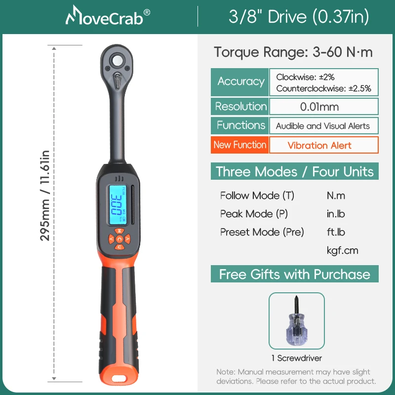 MOVECRAB Serie Digitale Momentsleutel 1,5-340N.m 2% Nauwkeurigheid Voorgeprogrammeerde Waarden met Zoemer, LED-flits & Trillingsmelding op de handgreep