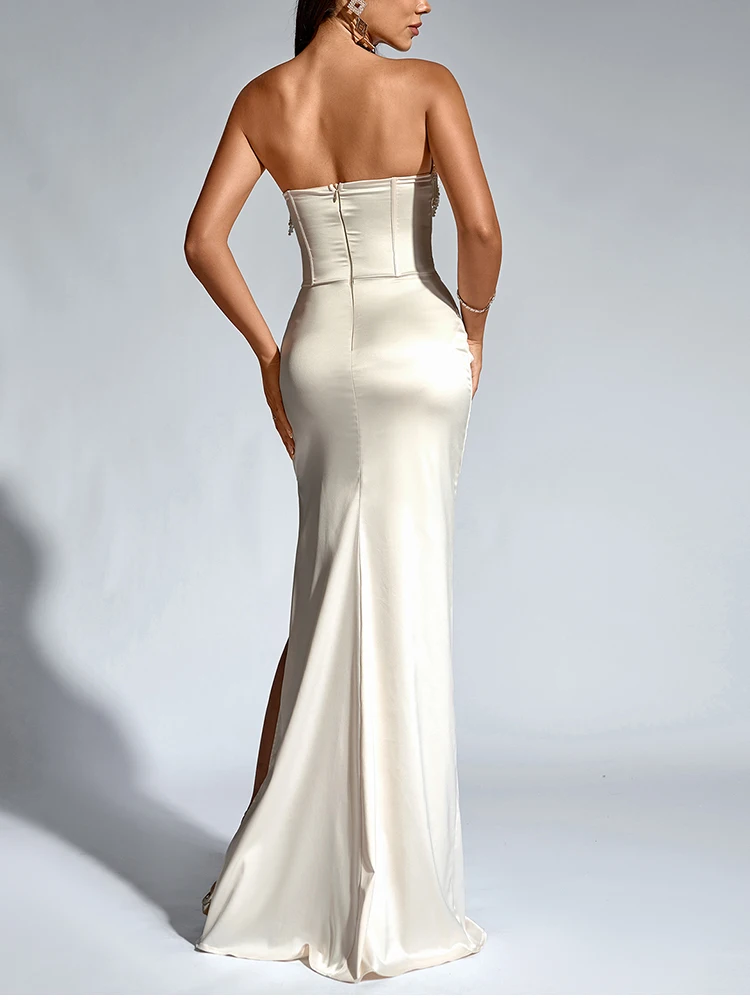 NewAsia Women\'s Strapless Beaded Long Corset Dress Off Shoulder Fishboned Side Slit Elegant Party Club Maxi Dresses Beige