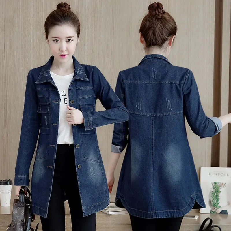 2024 New Autumn Winter Korean Denim Jacket Women Slim Long Base Coat Women's Frayed Navy Blue Casual Female Jeans Jackets Coats