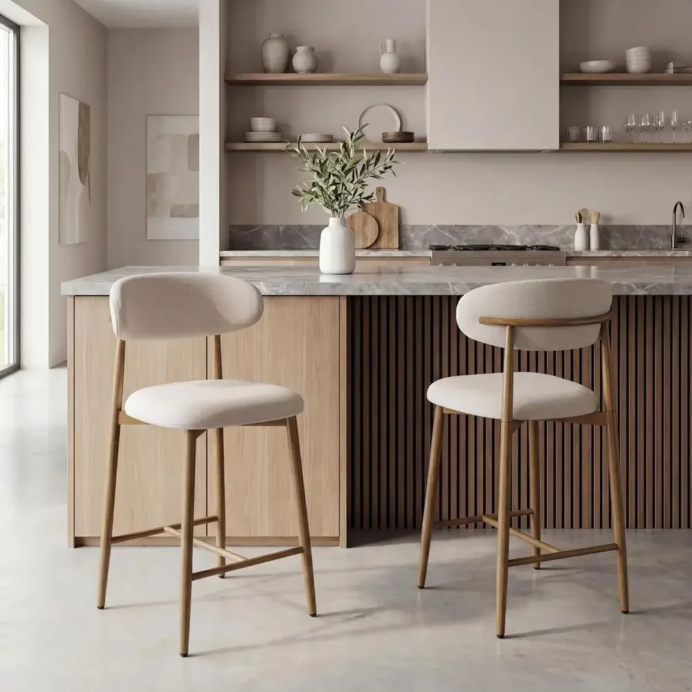 

Набор из 2 барных стульев для барной стойки, мягкие барные стулья с металлическими ножками для кухонного острова или столовой, бежевые