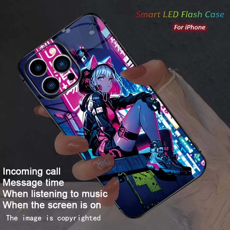 

Neon City Cat Ear Girl Colorful Flash LED Cases Cover For iPhone 16 Plus 17 Air 13 14 15 16 11 17 Pro Max 12 Mini Cool Fundas