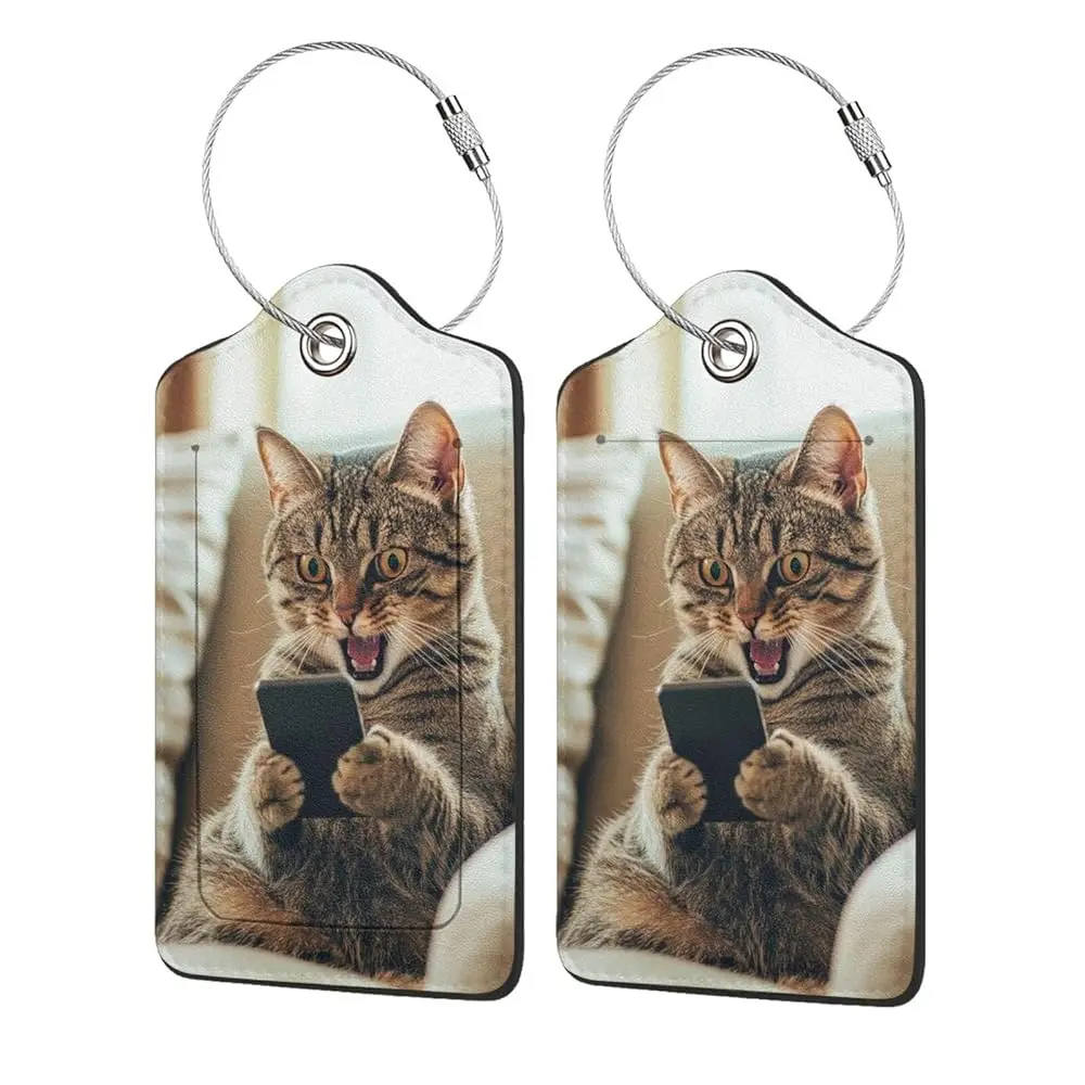 

Бирки для багажа, одобренные TSA, для чемоданов, с изображением кошки и телефона, 2 шт., забавные, кожаные, для карнавала, круизов, аэропорта, милые, дорожные именные бирки, для сумок для гольфа