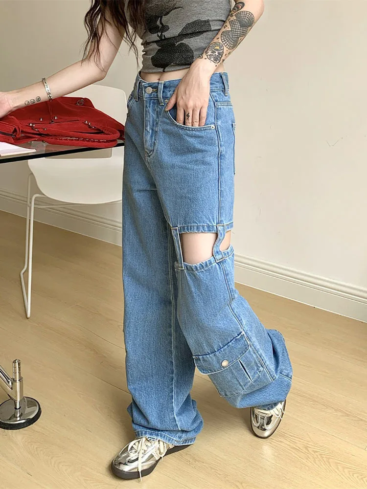 Spring Summer hollow out Women's Denim Wide Leg Pants 2024 New High Waist Casual Street Blue Cowboy Jeans Chic Trourses Female