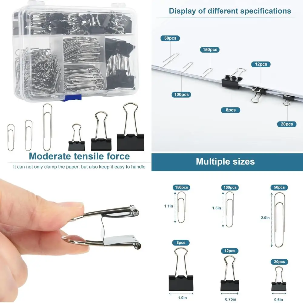 

Assorted Size Binder Clips & Jumbo Paper Clips Set - 340pcs Black, Large for Office & School Supplies, in Container with Compart