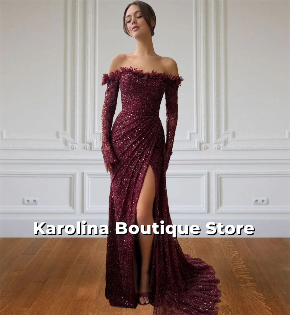 

Romantic Burgundy Dubai Evening Dresses Off The Shoulder Long Sleeves Beads Split Mermaid Pleat Birthday Party Gowns Customized