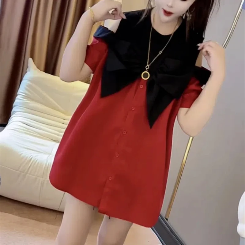 Summer New Fashion Korean Women\'s Splicing Contrast Color Round Neck Bow Button Folds Off Shoulder Short Sleeve Loose Shirt Tops