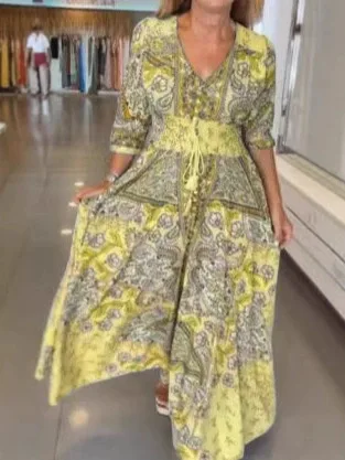 Women Short Sleeve Boho Maxi Dress Vintage Elegant Fashion Casual Print Floral V-Neck Loose Ladies Holiday Beach Party Vestidos