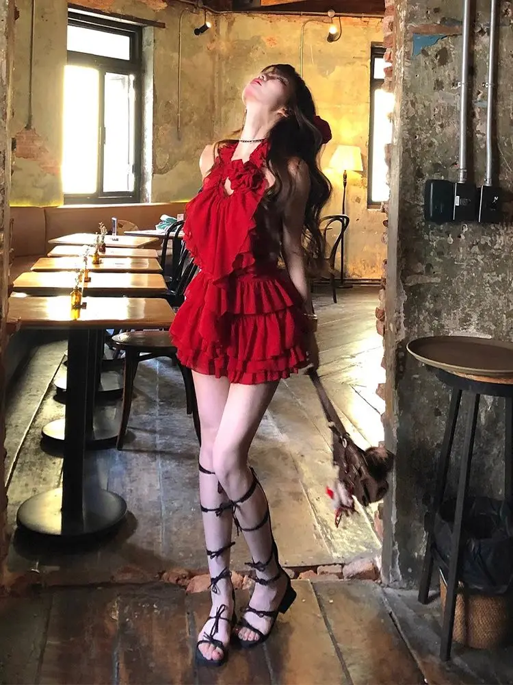 Y2k Vintage Solid Color Halter Waist-Cinched Tiered Cake Dress Women Elegant American Retro Mini Dress Bow Patchwork 2026