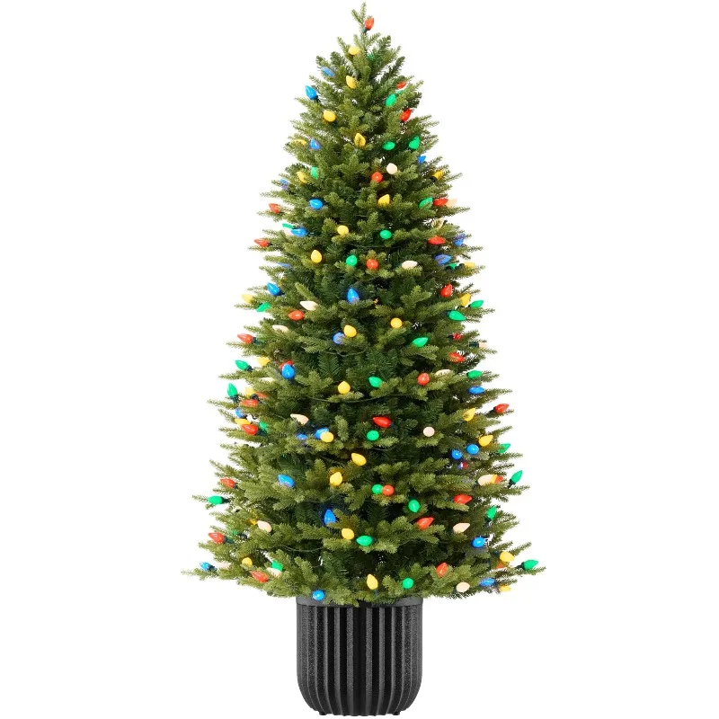 4.5ft Prelit Potted Pencil Christmas Tree w/ C7 LED Lights, Realistic Nostalgic Artificial Lighted Retro Holiday Décor
