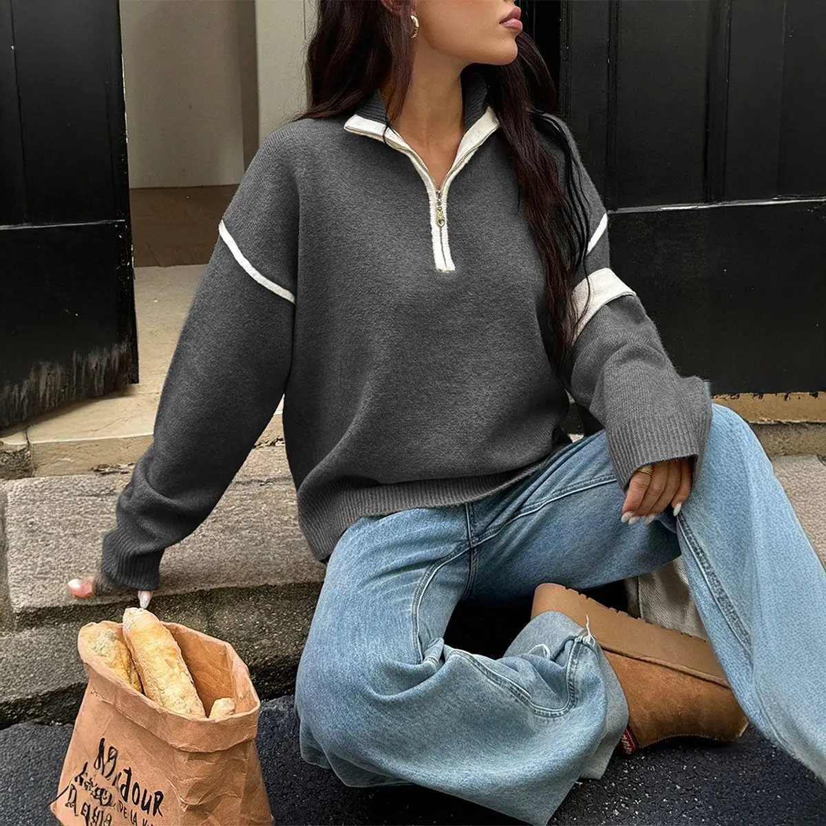 

2025 Autumn/Winter Casual Simple Solid Long-Sleeved Zip-Up Sweater for Women