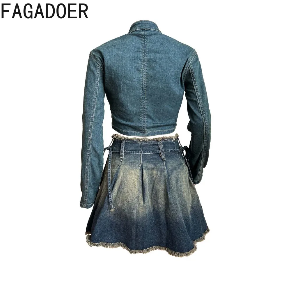 FAGADOER Retro Fashion Y2K Denim Embroidery Two Piece Sets Women Zipper Long Sleeve Crop Top And Pleated Mini Skirt Outfits 2024