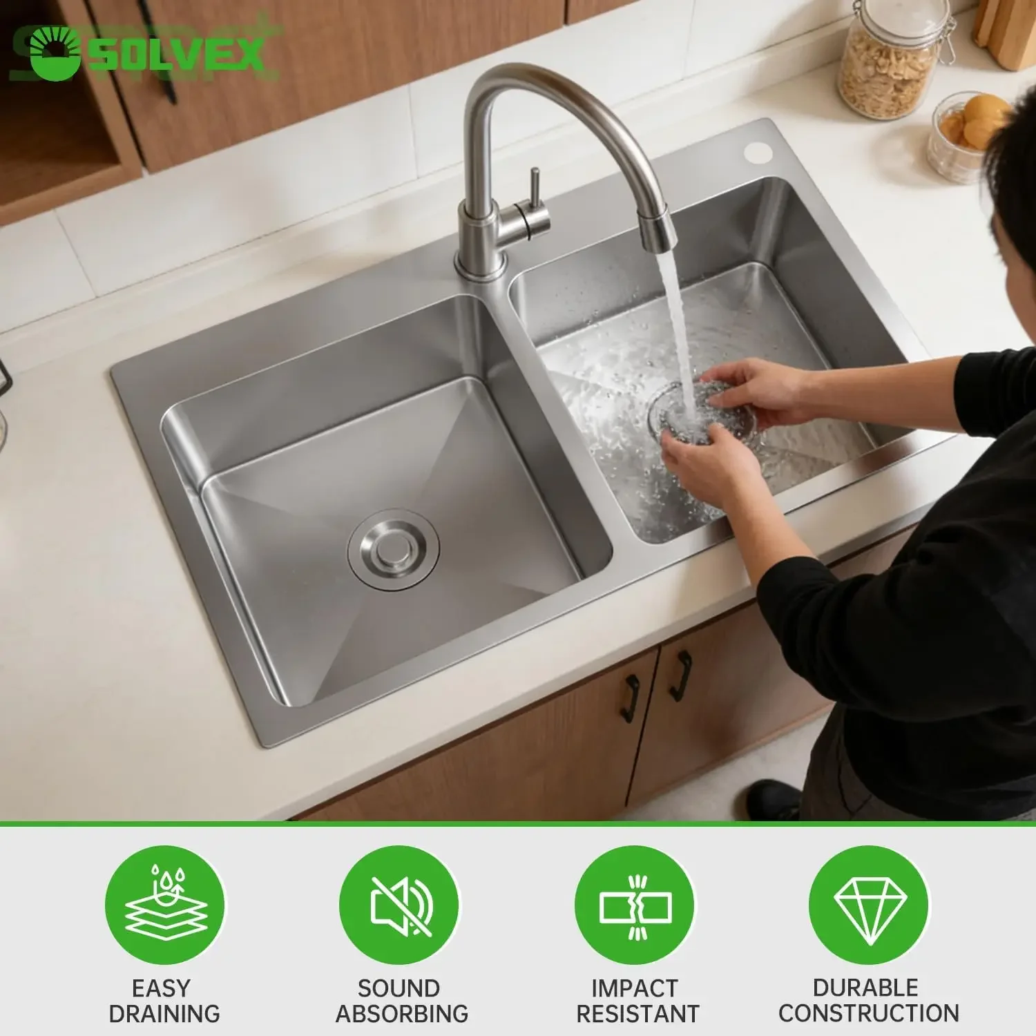 30 Inch Drop in Double Bowls Kitchen Sink with Nano Coating,30x18 Inch Handmade Stainless Steel Topmount Kitchen Sink ST-7546 view 3