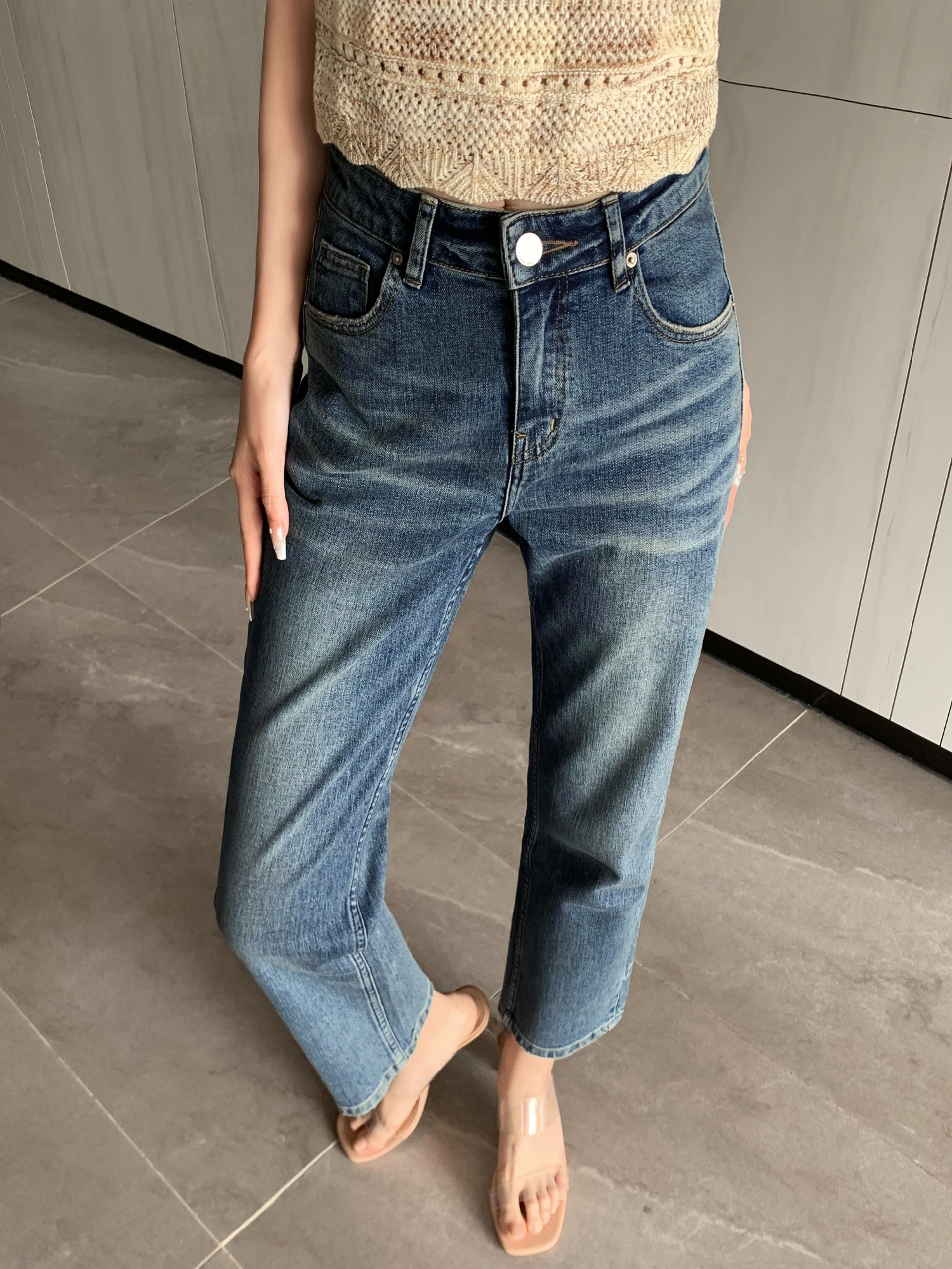 FRENCH ROMANCE  VINTAGE NEW FASHION Y2K SUMMER DENIM SLIM HIGHT-WAISTED NINE-POINT JEANS