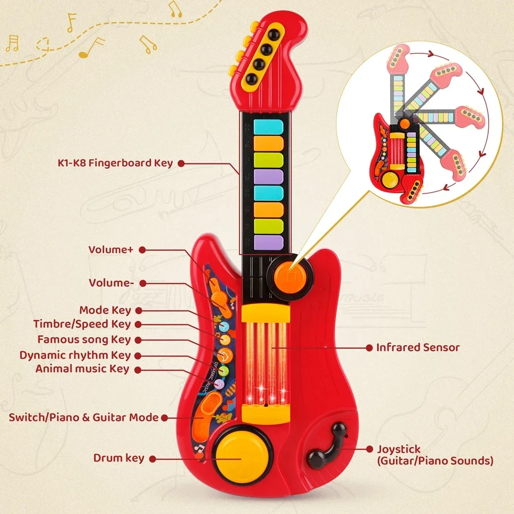 2 In 1 Electric Kids Guitar Toy Foldable Toy Guitar Piano Beginners Musical Instruments Early Education Best Gift for Boys Girls