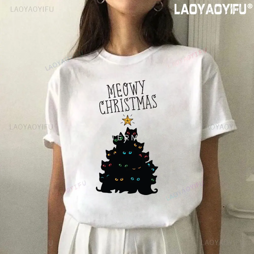 Kawaii Cat Christmas Tree Woman Graphic T Shirts Teachers Book Tree Reading All Booked Librarian Cotton Short Sleeves Camisetas