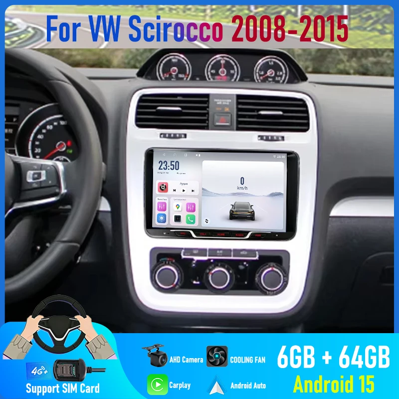 9'' For VW Scirocco 2008-2015 Car Radio 4G SIM Carplay Android 15 Auto GPS BT Steering Wheel Control Navi Camera Google Map FM