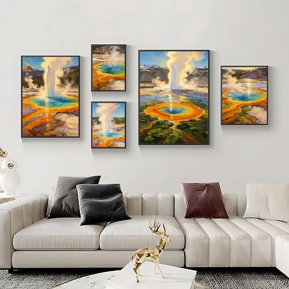 Yellowstone Hot Springs Poster HD Self-Adhesive Waterproof Frameless Wall Art for Home Office Dorm Bedroom Ideal Gift