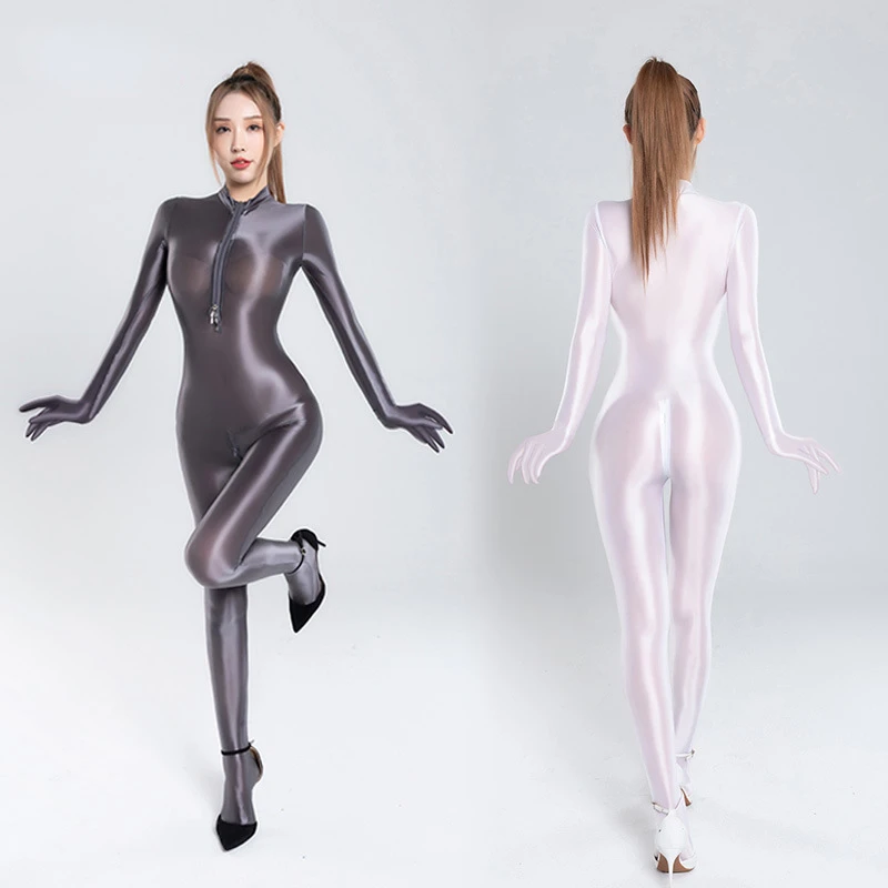 

Womens Shiny Satin Glossy Silky Leotard Jumpsuit 2 Zipper Open Bust & Crotch Bodysuit Catsuit Sex Game SM Toys For Couple Dancer