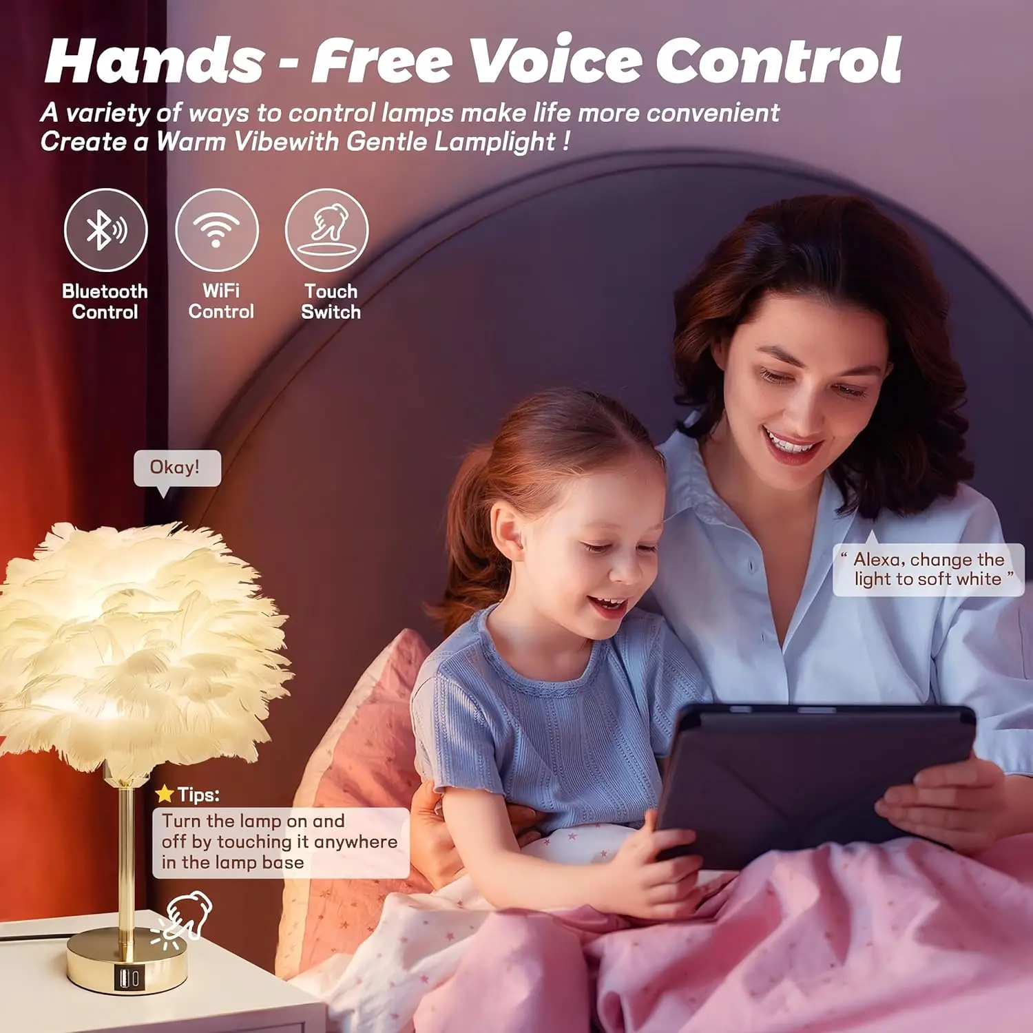 スマートタッチコントロールフェザーランプ、USB充電式、RGBカラーチェンジナイトライト、寝室のデスクデコレーション用