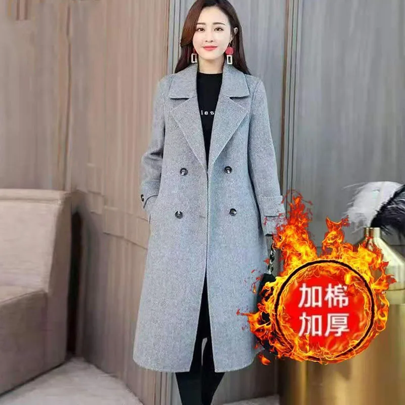 

New Women's Long Woolen Jacket Autumn Winter Add Cotton Warm Wool Overcoat Fashion Female Casual Trench Coat Double-Breasted 5XL