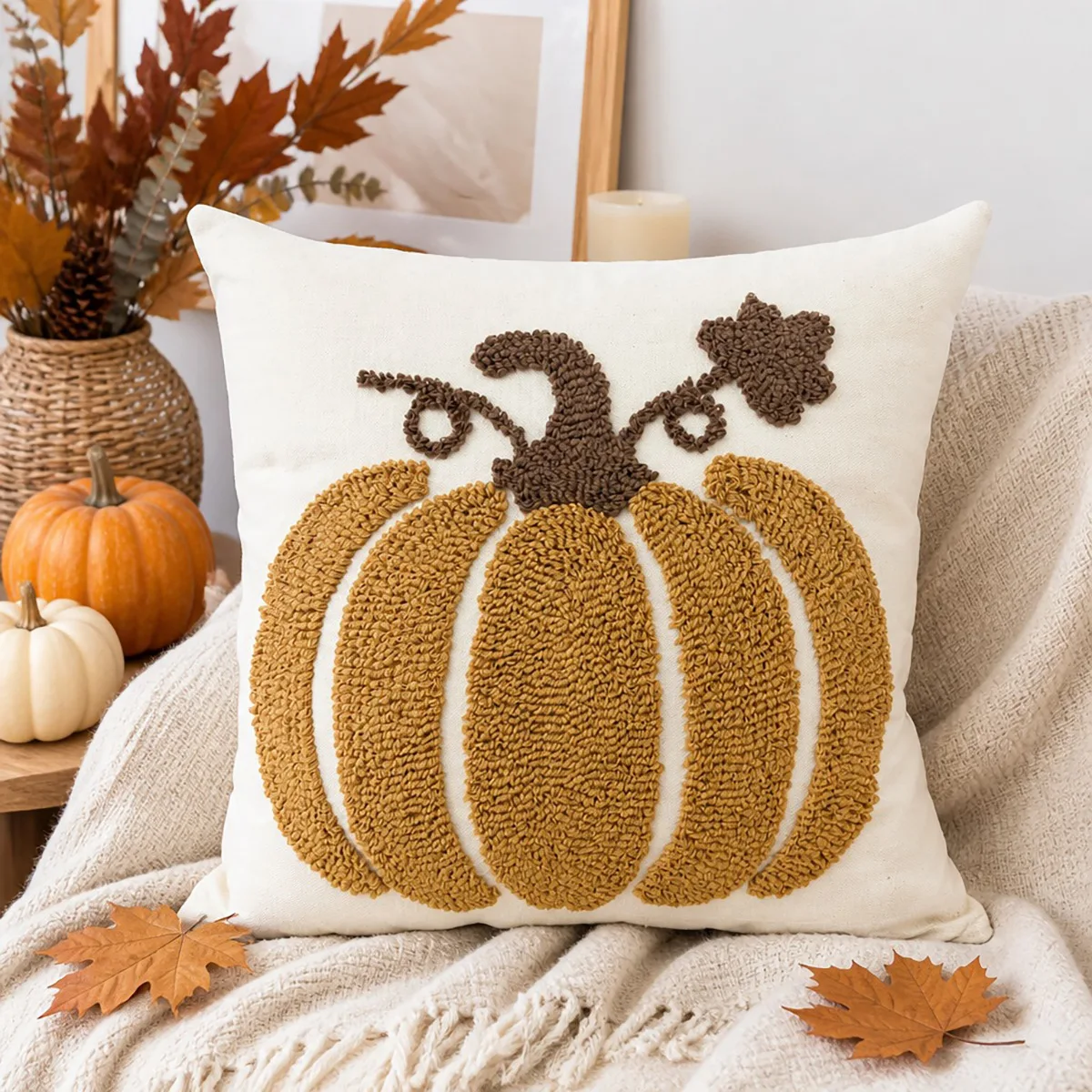 Herbst-Handtuchkissenbezug mit Kürbis-Stickerei, Dekorative Sofakissenhülle für Thanksgiving, Halloween Quadratischer Kissenbezug – Detail 7