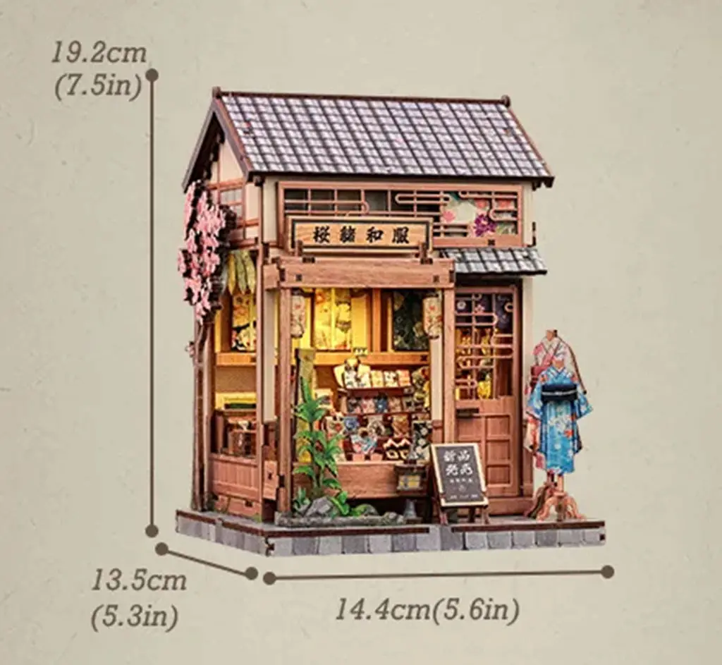 Japanischer 3D DIY Miniatur-Bausatz - Sakura Kimono Szene Montage-Spielzeug, Handgefertigtes Holz-Puppenhaus Kreative Bausteine