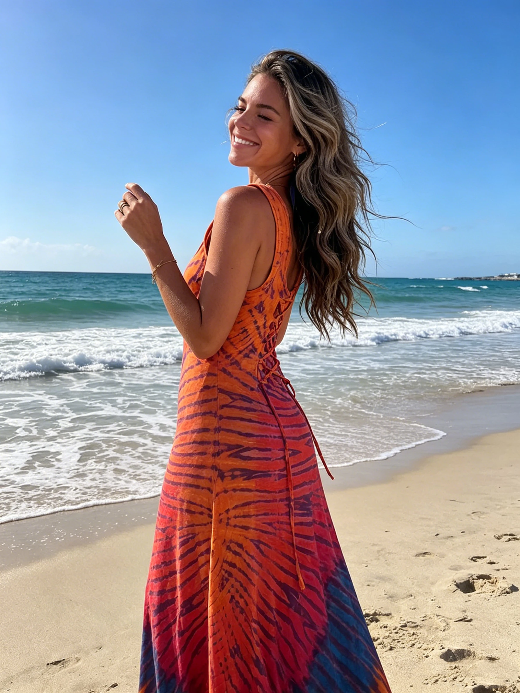 Summer Bright Printed Dress for Women Wide Shoulder Strap Round Neck Backless Sleeveless Maternity Beachwear Vacation Gown