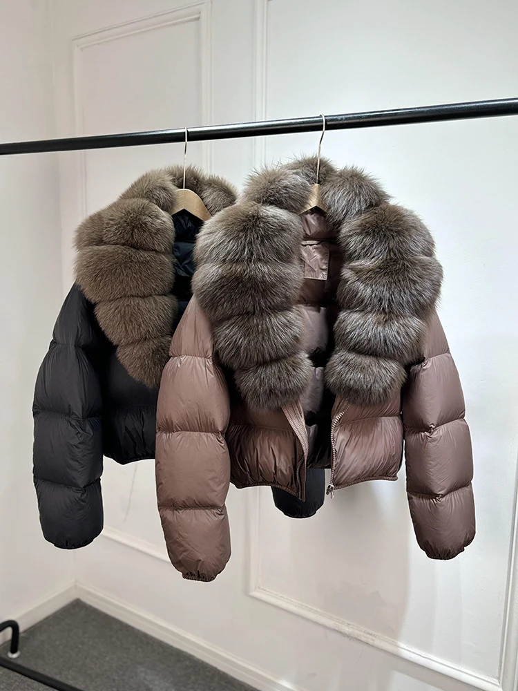 Janveny 2025 New Puffer Jacket Women With Large Natural Fox Fur Collar Short Fluffy Thick Parkas Female 90% White Duck Down Coat
