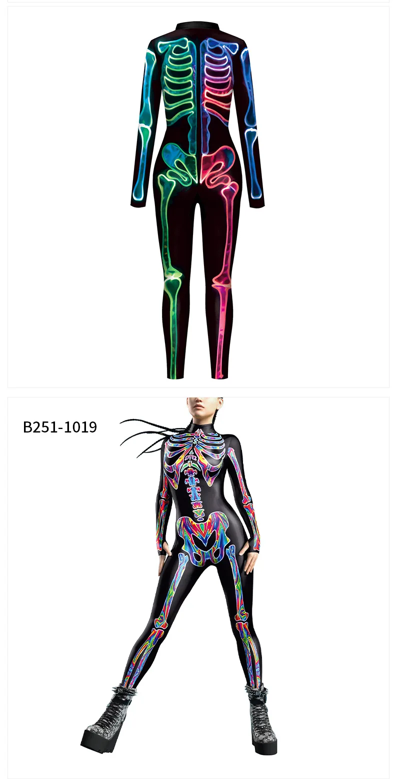 Karneval Halloween Party Fluoreszierender Skelett-Druck Damen Sexy Jumpsuit Cosplay Kostüme Ausgefallener Totenkopf-Bodysuit Mujer 2026 – Detail 16
